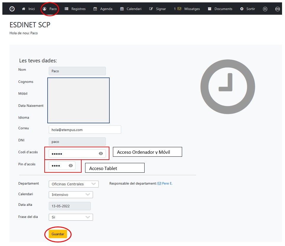 Time Control access code modification Etempus
