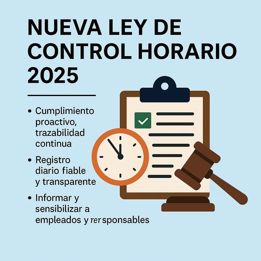 Il·lustració amb rellotge, mall i llista de tasques sobre la nova normativa de control horari 2025