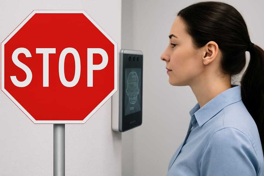 Mujer fichando con reconocimiento facial frente a una señal de stop; la AEPD considera desproporcionado el uso de biometría para el control horario laboral
