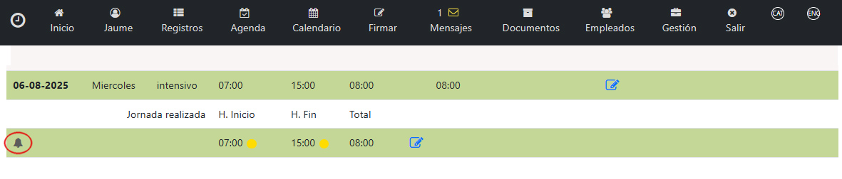 Detalle de la incidencia del marcaje cerrada Etempus Control Horario