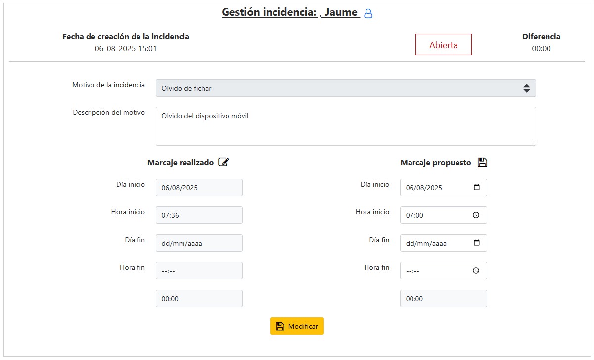 Gestió de la incidència – Modificar dades del marcatge – Etempus Control Horari