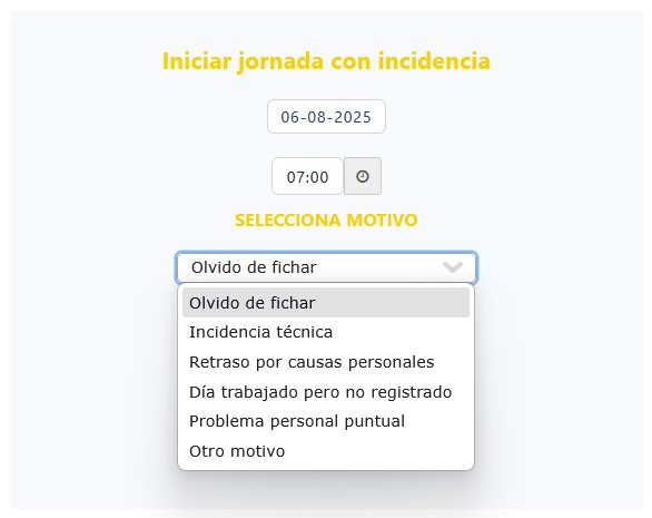 Realitzar un marcatge amb incidència – Etempus Control Horari